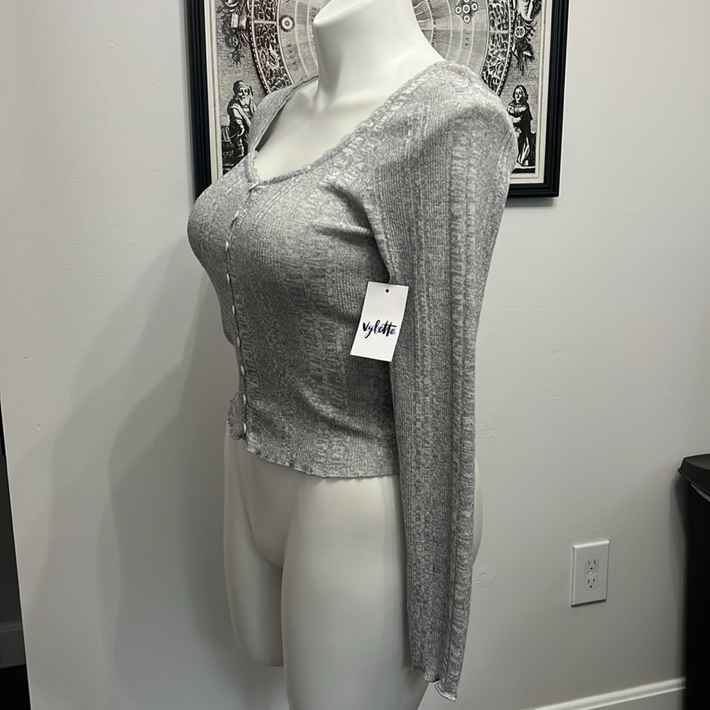 Vylette All Buttoned Up Heather Grey Lightweight Sweater (L)